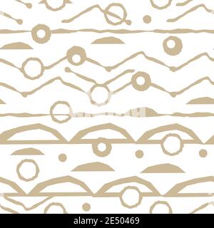 Abstract Beige horizontal Nahtloses Wiederholungsmuster mit zufälligen rauen, verdrehten gebrochenen Linien, Kreise Formen auf weißem Hintergrund Stock Vektor