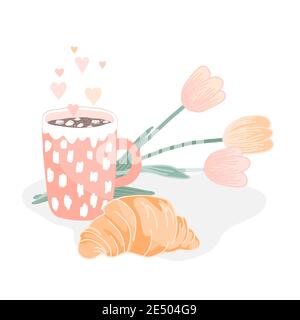 Leckeres Croissant, heißer Kakao oder Schokoladengetränk und ein Bouquet von Tulpen. Vektorgrafik, Good Morning Konzept oder Grußkarte Stock Vektor