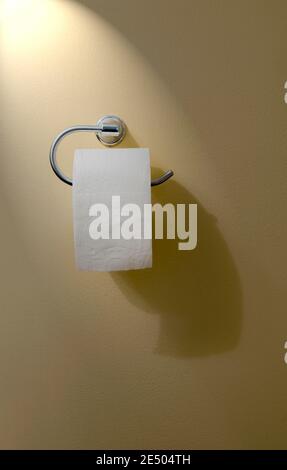 Vertikale Aufnahme einer Rolle Toilettenpapier, die an einem Toilettenpapierhalter an einer Wand befestigt ist. Stockfoto