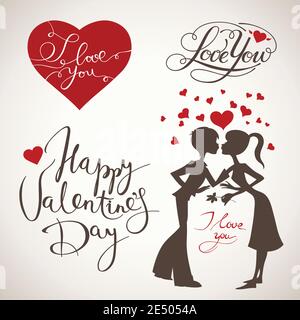 Vintage Valentinstag Herz, Schriftzug und Paar in Liebeselementen. Stock Vektor