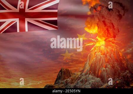 Großer Vulkanausbruch bei Nacht mit Explosion auf Tuvalu Flagge Hintergrund, Probleme der Naturkatastrophe und Vulkanasche konzeptionelle 3D-Illustration Stockfoto