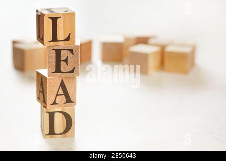 Vier Holzwürfel im Stapel mit Buchstaben FÜHREN darauf (Lernen, Bildung, Aktion, Entwicklung), rechts unten Platz für Text / Bild Stockfoto