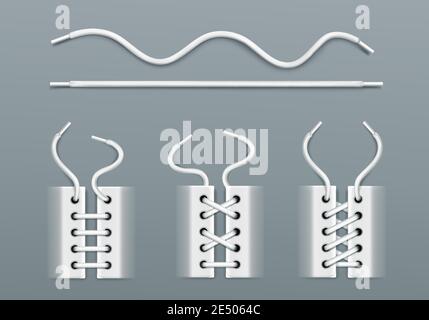 Weiße Schnürsenkel, Schnürung durch Seile in Sneakers auf unterschiedliche Weise. Vector realistische Satz von welligen und geraden Schuhschnüre, Stiefel oder Schuhe mit Schnüren isoliert auf grauem Hintergrund Stock Vektor