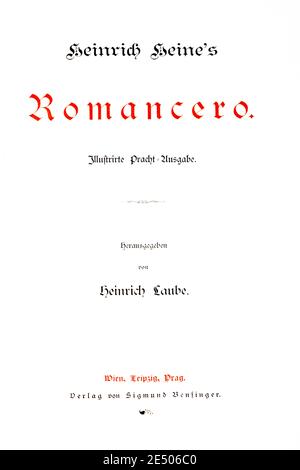 Titelblatt zu Heine´s Romancero, deutscher Schriftsteller und Dichter Heinrich Heine, Gedichtsammlung Romancero, 1880 Stockfoto