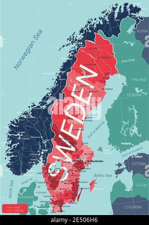 Schweden Land detaillierte editierbare Karte mit Regionen Städte und Städte, Straßen und Eisenbahnen, geografische Standorte. Vector EPS-10-Datei Stock Vektor