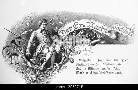 Illustration zu Heine´s Gedicht der Ex-Nachtwächter' oder der ehemalige Nachtwächter' über einen Münchner Theaterregisseur, H. Heine, Gedichtsammlung Romancero Stockfoto