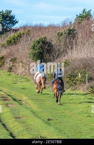 Zwei junge Mädchen reiten Ponys oder Pferde über die Landschaft Hacking über die Tiefen in Feldern auf der Insel wight. Reiter Reiten Jockey Stockfoto