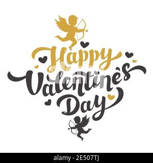 Valentinskarte mit dem Bild der Amor-Silhouette. Happy Valentines Day Schriftzug. Grußkarte vom 14. februar. Schwarze und goldene Inschrift Stock Vektor