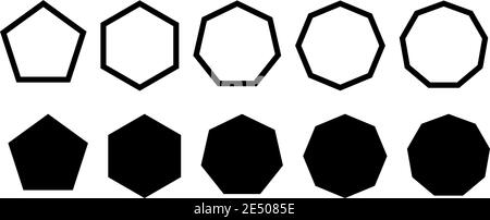 Satz von einfachen Polygonen mit fünf bis neun Seiten. Ausgefüllte und umreissere Version Stock Vektor
