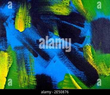 Abstrakter Hintergrund. Acrylfarbe schwarz, gelb, blau, grün. Malerei auf Leinwand. Handgefertigt, handgezeichnet. Bildende Kunst, Kunstwerk, Display, Texturkonzept. Stockfoto