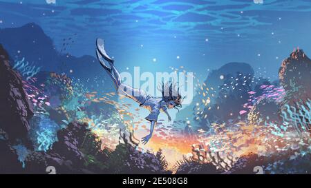 Frau tauchen unter Wasser, um ein geheimnisvolles Licht unter dem Meer, digitale Kunst Stil, Illustration Malerei zu sehen Stockfoto