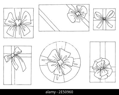 Geschenk präsent box Draufsicht Grafik Set schwarz weiß isoliert Vektor der Skizzendarstellung Stock Vektor