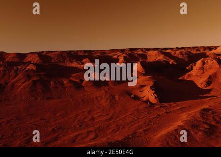 Fantastische marslandschaft in rostigen Orangetönen, Marsoberfläche, Wüste, Klippen, Sand. Fremde Landschaft. Roter Planet mars. Stockfoto