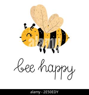 Bee glücklich lustige Schriftzug mit einer fliegenden Biene Illustration. Handgezeichnete Vektorgrafik im skandinavischen Stil perfekt für Druck und Design. Stock Vektor