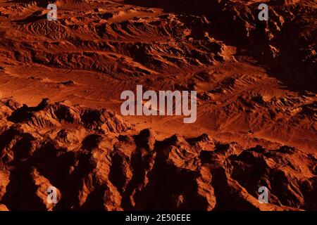 Fantastische marslandschaft in rostigen Orangetönen, Marsoberfläche, Wüste, Klippen, Sand. Fremde Landschaft. Roter Planet mars. Stockfoto