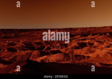 Fantastische marslandschaft in rostigen Orangetönen, Marsoberfläche, Wüste, Klippen, Sand. Fremde Landschaft. Roter Planet mars. Stockfoto