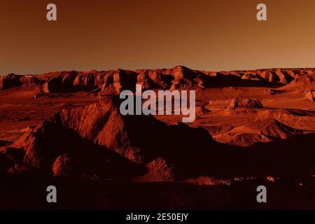 Fantastische marslandschaft in rostigen Orangetönen, Marsoberfläche, Wüste, Klippen, Sand. Fremde Landschaft. Roter Planet mars. Stockfoto