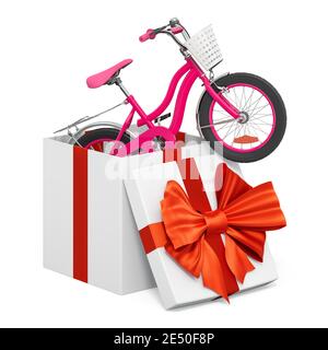 Kinder Fahrrad innen Geschenkbox, Geschenk-Konzept. 3D-Rendering auf weißem Hintergrund isoliert Stockfoto