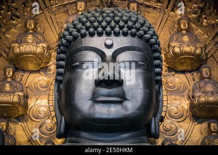 Symmetrische Nahaufnahme der riesigen Buddha-Statue aus Bronze Innerhalb des Todai-ji Tempels in Nara Stockfoto