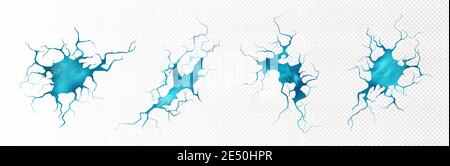 Risse mit Wasseroberfläche Textur innen. Brüche im Boden oder Eis mit blauem flüssigem Aqua im Loch. Vector realistische Satz von unterirdischen sauberen azurblauen Wasser in Spalten isoliert auf transparentem Hintergrund Stock Vektor