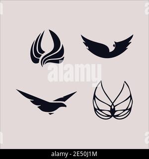 Isolierte abstrakte schwarz-weiße Adler und Schmetterlinge Logo-Vektor Vektorset für Elemente Stock Vektor