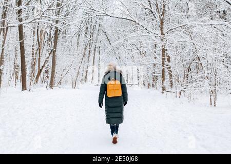 Frau in grün blau Parka Jacke Winterkleidung und Hut Wandern im Park Wald im Freien auf Schnee Wintertag. Alleinreisende erkunden lokale pl Stockfoto