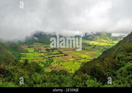 Landwirtschaftliche Felder einer indigenen Gemeinschaft im Pululahua Vulkankrater, Quito, Ecuador. Stockfoto