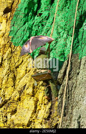 Arbeiter hängen an Seilen, Wiederherstellung der Lackierung von Mural de la Prehistoria, Prehistoric Wall, von Leovigildo Gonzalez, Vinales Valley, Pinar del Rio, C. Stockfoto