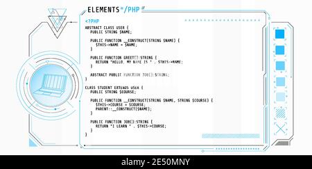 HUD Interface-Elemente mit einem Teil des Codes PHP. Stock Vektor