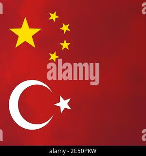 Das türkische Flaggen-Logo eines weißen Halbmonds und Sterns Mit dem großen Goldstern und vier kleinen Sternen von Die chinesische Flagge auf rotem Hintergrund Stockfoto