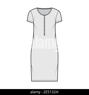 Hemdkleid technische Mode-Illustration mit henley Hals, kurze Ärmel, knielang, übergroß, Bleistift Fülle. Flache Bekleidungsvorlage vorne, grau. Frauen, Männer, Unisex CAD Mockup Stock Vektor