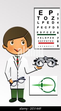 Cartoon eines niedlichen glücklichen Augenarzt, hält Brille, mit einem Auge Test-Chart. Diese Illustration ist Teil einer Sammlung verschiedener Berufe. Stockfoto