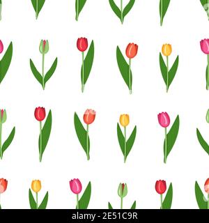 Nahtloses Muster mit Frühlingsblumen Tulpen in verschiedenen Farben - rot, gelb, rosa, grün. Vektor flache Illustration mit weißem Hintergrund Stock Vektor