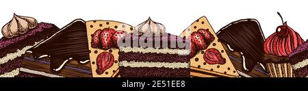 Ein Stück Kuchen. Aufkleber mit cremefarbenen Törtchen. Etikett mit Fruchtdesserts. Schokolade Süßes Essen. Handgezeichnete Skizze mit Vintage-Gravur. Poster oder Banner für Menü. Vektor Stock Vektor