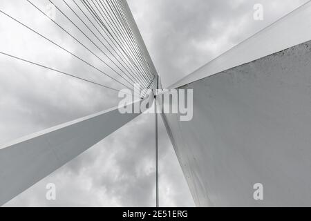 Weitwinkelansicht der Mittelsäule und Kabel der Erasmus-Brücke von unten gesehen, gegen einen dunklen bewölkten Himmel Stockfoto