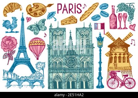 Paris im Vintage-Retro-Stil. Frankreich, eiffelturm und Gebäude. Retro-Doodle-Elemente. Vektorgrafik. Handgezeichnete Retro-Skizze mit Gravur Stock Vektor