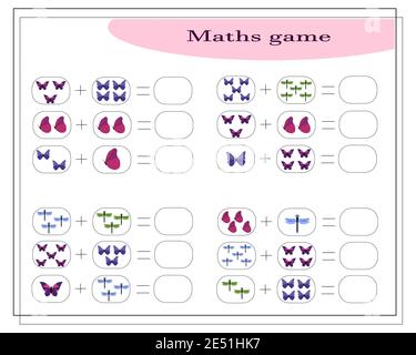 Ein Mathe-Spiel für Kinder. Addition Aufgaben. Zählen, wie viele von ihnen gibt es Stock Vektor