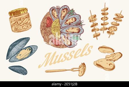Meeresmuscheln im Vintage Retro-Stil. Nautische Weichtiere. Meeresgerichte. Vektorgrafik. Handgezeichnete Retro-Skizze mit Gravur. Antiker alter monochromer Stil Stock Vektor