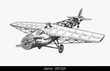 Passagierflugzeug Maiskolben oder Flugzeug Luftfahrt Reise Illustration. Eingraviert handgezeichnet im alten Skizzenstil, vintage Transport. Stock Vektor