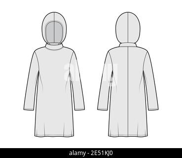 Modest Hijab Tunika technische Mode Illustration mit langen Ärmeln, überdimensional, unter-die-Knie-Länge, Kapuze. Flatshirt Bekleidung top Schablone vorne, hinten, grau. Frauen Männer Unisex CAD mockup Stock Vektor