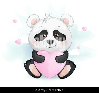 Stock-Vektor. Niedliche kleine Panda hält rosa Herz. Lustige Zeichentrickfigur. Vektorgrafik Stock Vektor