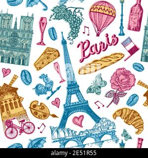 Paris Nahtloses Muster im Vintage Retro-Stil. Frankreich, eiffelturm und Gebäude. Retro-Doodle-Elemente. Vektorgrafik. Handgezeichnet graviert Stock Vektor
