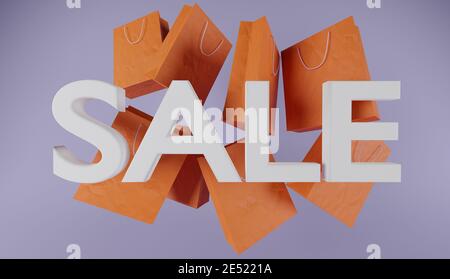 schild mit dem Wort 'SALE' in weißen und orangefarbenen Papiertüten dahinter auf violettem Hintergrund. Stockfoto