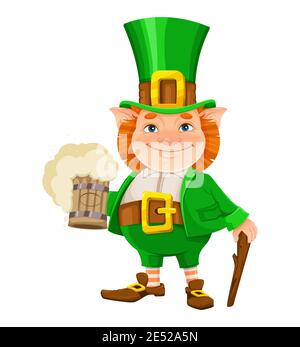 Stock Vektor Kobold. Alles gute zum St. Patrick's Day. Fröhliche Kobold Zeichentrickfigur mit Bier Stock Vektor