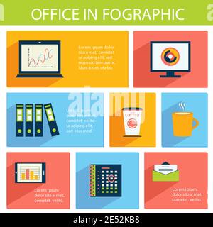 Büro Infografiken flache Business-Template mit Briefpapier liefert Vektor-illustration Stock Vektor
