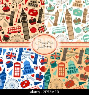 Sammlung von seamless pattern mit zahlreichen Sehenswürdigkeiten und Großbritannien Symbole Vektor-illustration Stock Vektor