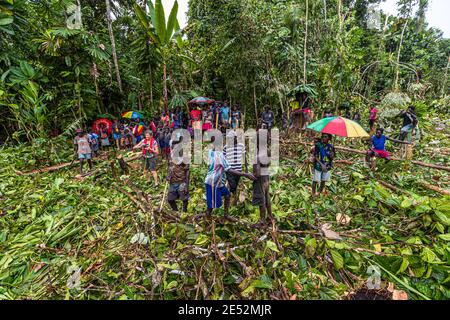 Kinder und Dorfbewohner stehen mit bunten Regenschirmen auf der geräumten Helikopterlandestelle im Regenwald von Bougainville, Papua-Neuguinea, zwei Jungen halten sich im Vordergrund an den Händen. Stockfoto