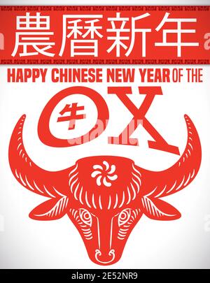 Rot-weißes Design mit Ochsenkopf und Gruß, um ein glückliches chinesisches Neujahr zu feiern (in chinesischer Kalligraphie geschrieben). Stock Vektor
