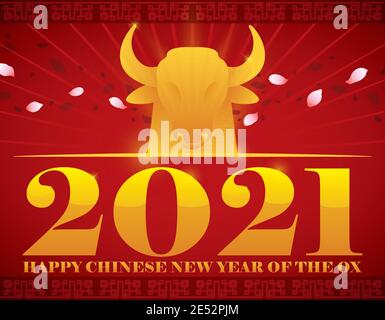 Schöne goldene Ochsenkopf Silhouette mit Pfirsich Blütenblätter um sie herum, bereit für chinesische Neujahrsfeier: Das Jahr des Ochsen. Stock Vektor