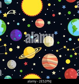Raum nahtloses Muster mit Planeten Sterne Kometen und Konstellationen auf Vektorgrafik mit dunklem Hintergrund Stock Vektor